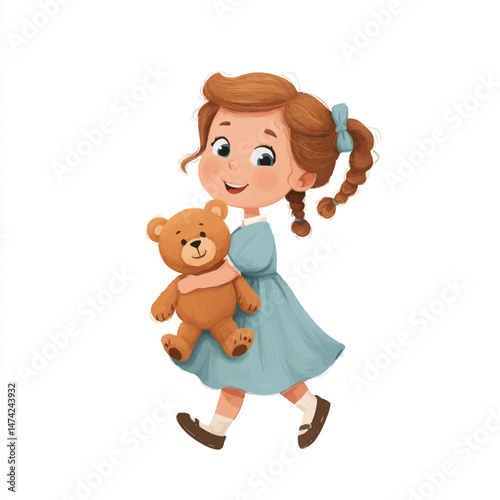 A little girl dressed in a blue dress happily walks in a park, holding her teddy bear close. The sun shines brightly, creating a joyful atmosphere as she plays outdoors.