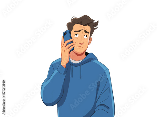 A man in a blue hoodie holds his smartphone to his ear and squints, indicating deep thought or concern during a conversation. The indoor setting adds an intimate atmosphere.