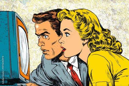 Two individuals, a man and a woman, lean in closely to a vintage television set, their expressions filled with intrigue and excitement as they share a moment in a retro living room.