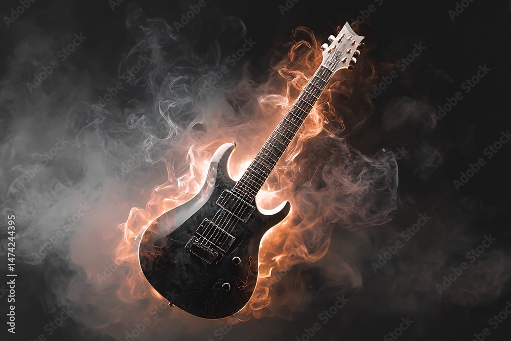 Obraz premium Electrifying strings: A guitar enveloped in artistic smoke and light