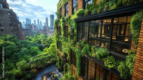 Green cityscape with solar panels, wind turbines, green roofs, and electric public transit.

