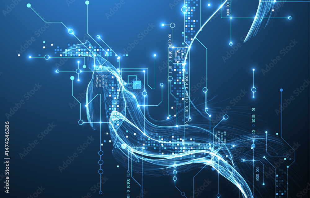 Obraz premium Abstract data wave with futuristic circuit lines. Technology concept. Vector