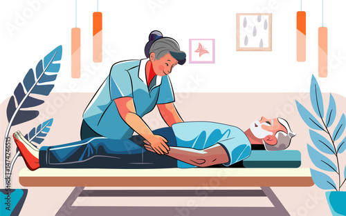 An illustration depicting the concept of elderly care. A compassionate caregiver gently assisting an elderly person. Vector.