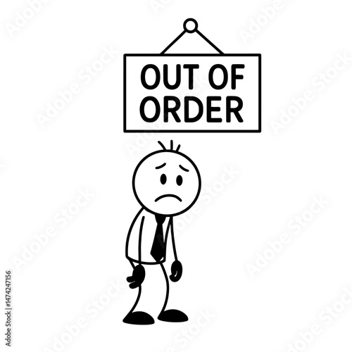 Exhausted businessman standing under out of order sign