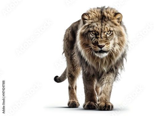 Majestic Lion's Approach: An impressive lion strides confidently forward, its powerful physique and intense gaze commanding attention.