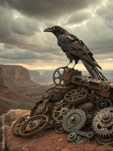 Mechanical Crow on Gear Sculpture in a Desert Landscape