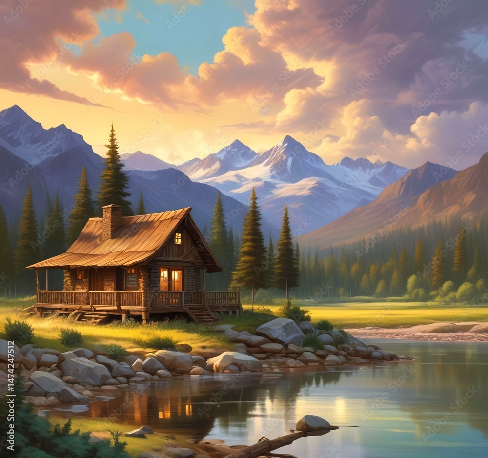 Fototapeta premium Illustration of wild landscape with cabin.