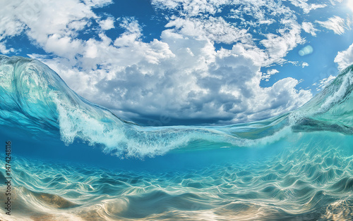 Photo of a blue ocean with waves, seen from an underwater perspective.