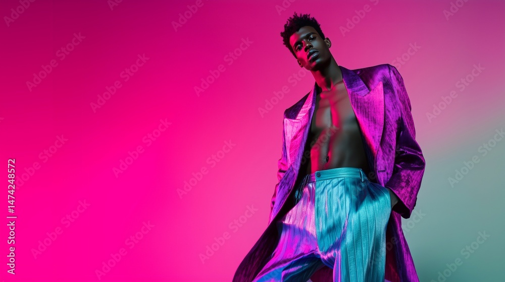 Fototapeta premium A stylish male model in a futuristic metallic outfit poses confidently against a bold pink gradient background, exuding elegance, fashion, and modern aesthetics. Generative AI.