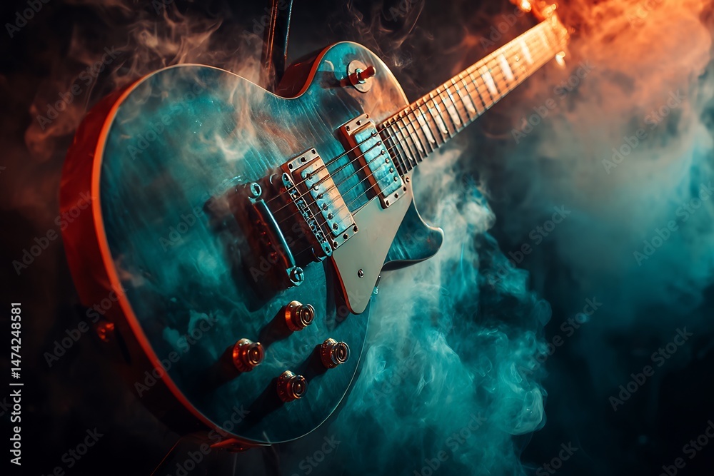 Obraz premium Electric guitar enveloped in vibrant mystical smoke, dynamic musical expression