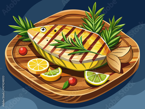 vector of Grilled swordfish steak garnished with rosemary and a lemon wedge, served on a wooden plate.