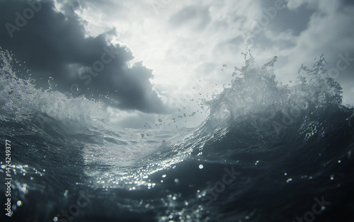 Photo of a blue ocean with waves, seen from an underwater perspective.
