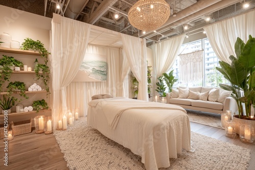 Aesthetic clinic features a modern physiotherapist cabinet with a massage table adorned with white towels, surrounded by plants in an empty room