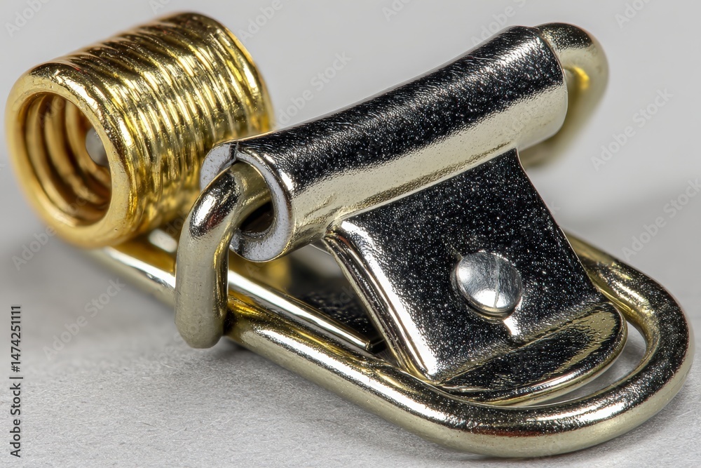 Fototapeta premium Small metal spring mechanism with a shiny silver and gold finish for industrial applications