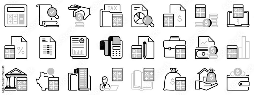 Icons in two tones about accounting. Finances. Icons in two tones about accounting. Finances.