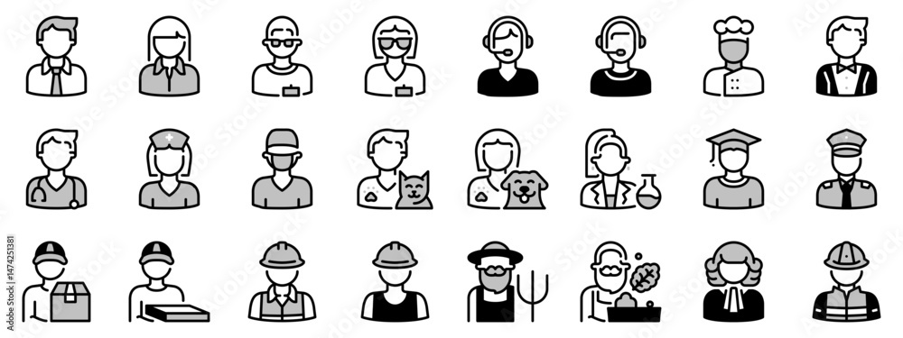 Icons in two tones about avatar professions. Icons in two tones about avatar professions.
