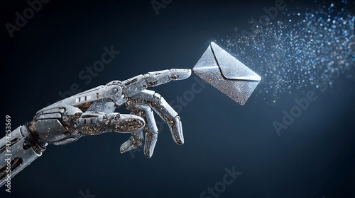 Futuristic communication, robot hand sending a digital mail with sparkle effect