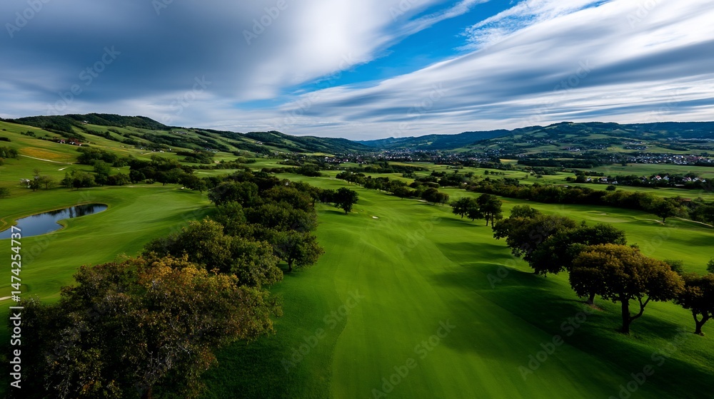 Obraz premium Scenic golf course valley with lush green fairways, trees, and a tranquil pond, framed by rolling hills and a clear sky