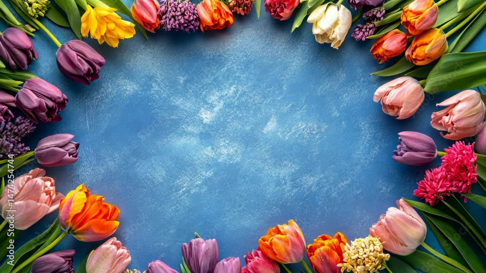 A flat lay of fresh spring flowers arranged in a circle with blank space in the center digital