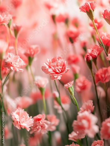 Field of pink carnations in bloom soft focus dreamy romantic floral background springtime garden beauty