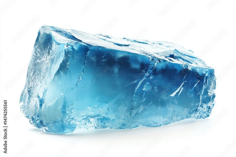 Fototapeta premium Rough blue ice block with frosty surface and natural cracks isolated on white background, cool textured frozen cube