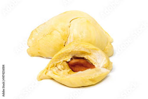 Mon Thong durian pulp with visible seed a popular Thai fruit known for its creamy texture and strong aroma isolated on white background