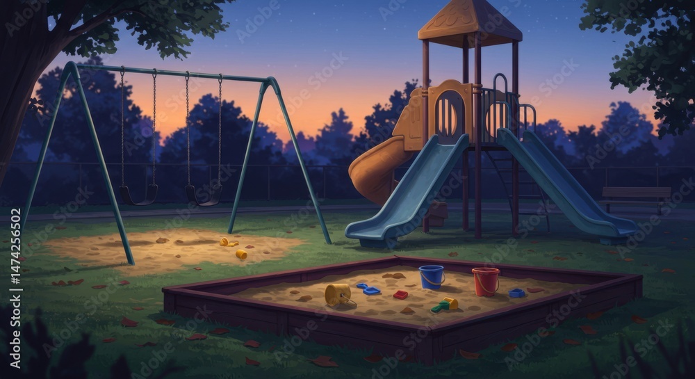 Fototapeta premium Playground at Dusk with Swings and Sandbox Full of Toys