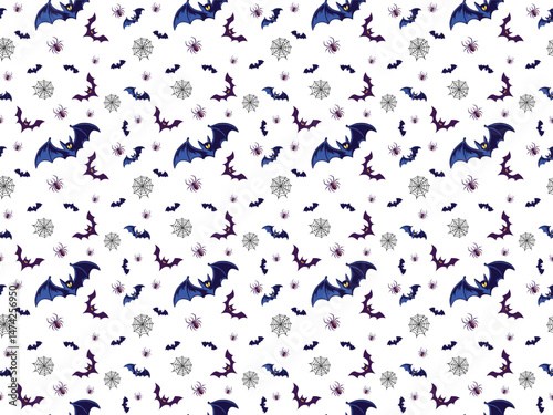 Seamless pattern with black web, spiders and bats on white background. Halloween theme background.