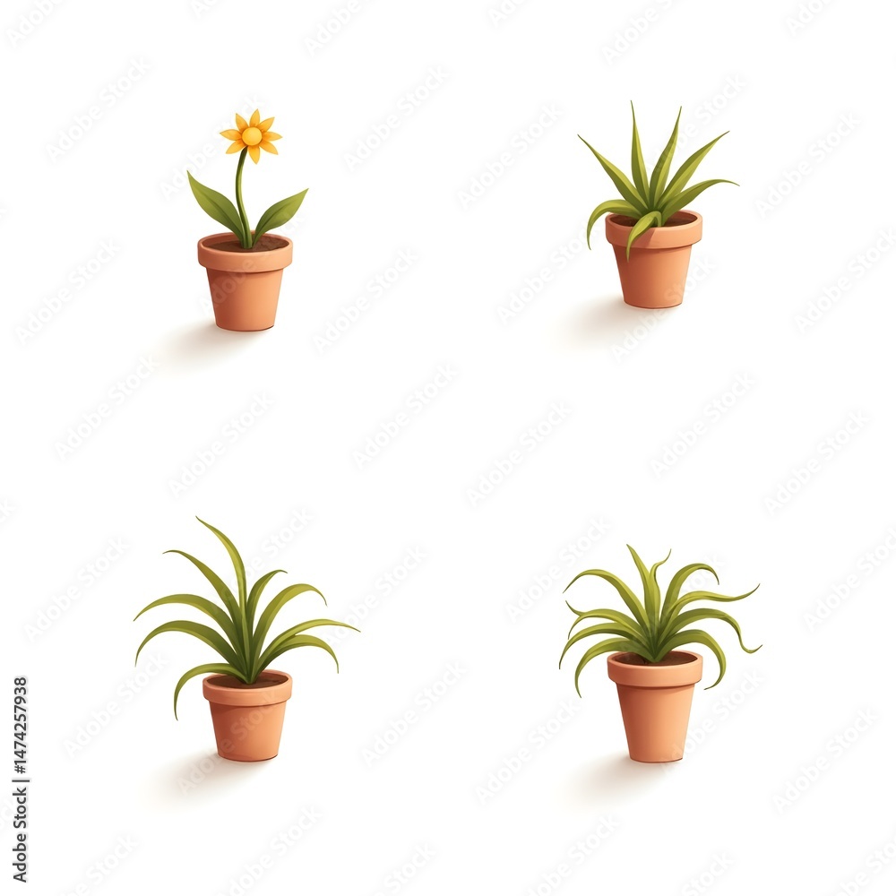 Fototapeta premium Set of Flowerpot Icon Gardening Foliage Plant Potted Flower Botanical Garden Backyard Houseplant Decoration 3D Vector Illustration