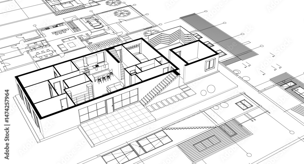 Fototapeta premium architecture concept sketch housing 3d illustration
