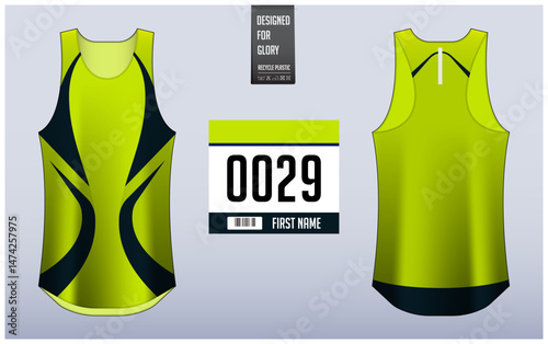 Running shirt design template, Tank top jersey mockup for athlete. Running singlet pattern. Uniform front view back view.