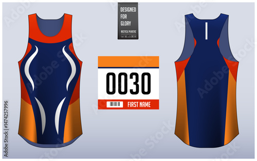 Running shirt design template, Tank top jersey mockup for athlete. Running singlet pattern. Uniform front view back view.
