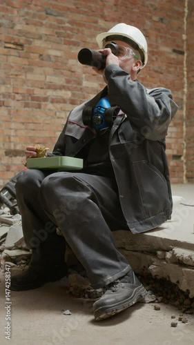 Vertical shot of adult Caucasian workman in uniform drinking water from bottle and eating sandwich during mealtime on worksite