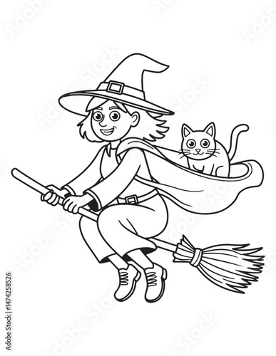 Witch Girl Flying with Cat – Halloween Sky Adventure Page