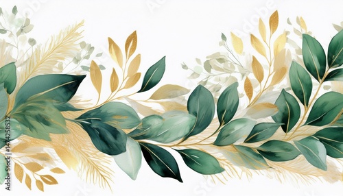 watercolor seamless border illustration features green and gold leaves and branches suitable for wedding stationery greetings wallpapers fashion backgrounds textures diy projects wrappers and
