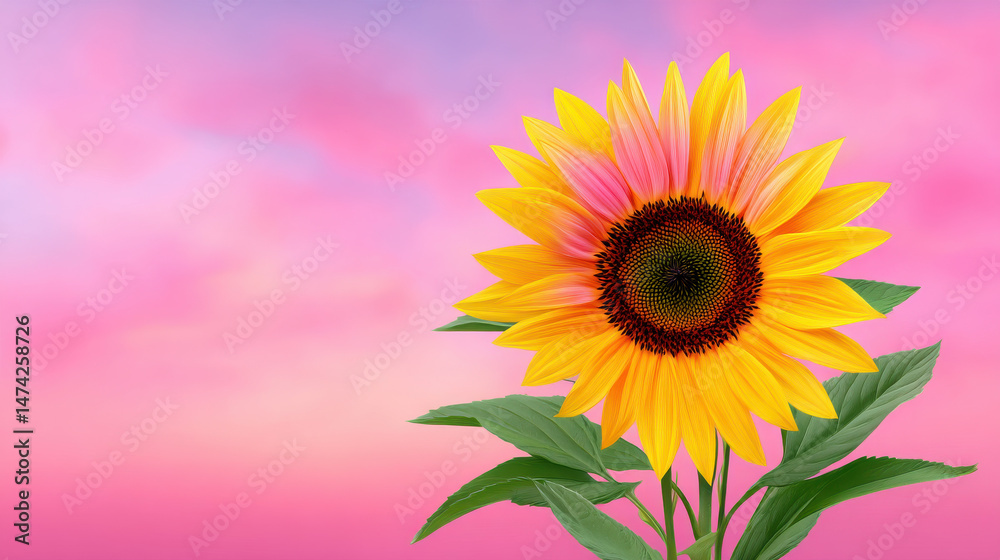 Obraz premium Radiant sunflower blossom blooms brightly with vibrant yellow petals and green leaves against a soft pink and purple gradient sky backdrop in vivid detail.