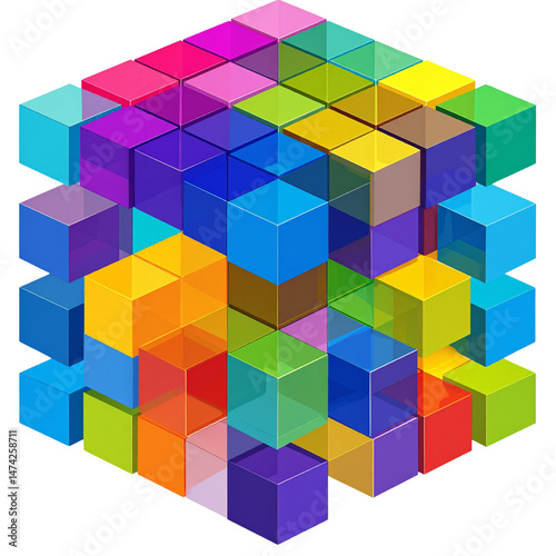 Colorful Cube Mosaic Abstract Art: Geometric Pattern with Rainbow Hues, Isolated on Transparent Background png