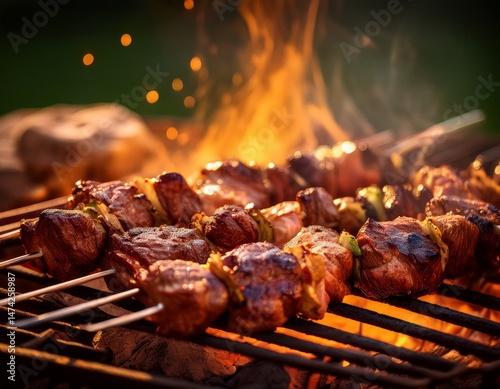 juicy grilled meat skewers over flaming hot bbq embers for perfect outdoor cooking