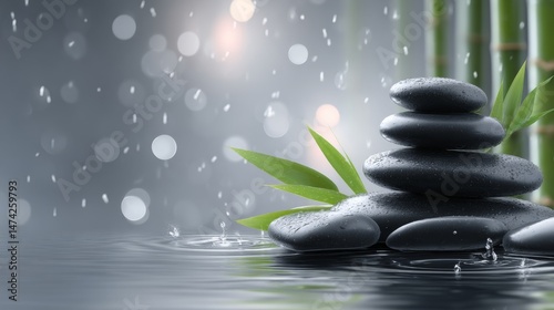 Bamboo and zen stones are placed on the water as part of a wellness spa
