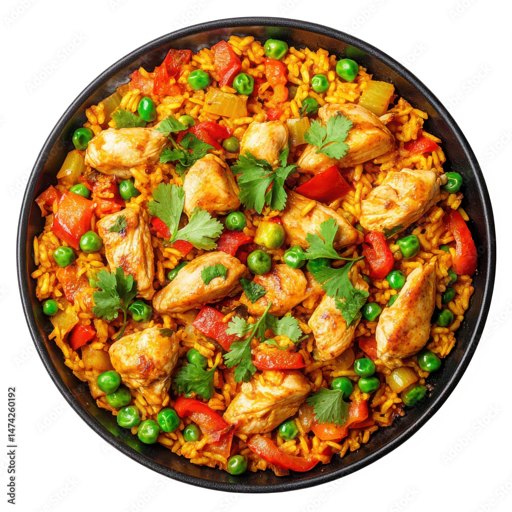 Fototapeta premium Delicious chicken paella with vegetables isolated on transparent background
