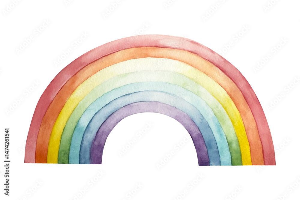 Fototapeta premium Watercolor hand drawn rainbow magical clipart isolated on background, cartoon transparent png illustration. Baby shower greeting cards or childish birthday invitation. Pony for girls nursery wall art