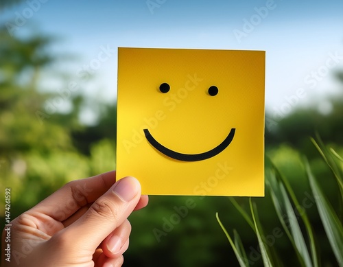 close up of hand holding yellow smiley note paper against natural green background minimalistic concept for yellow day and emotional wellness
