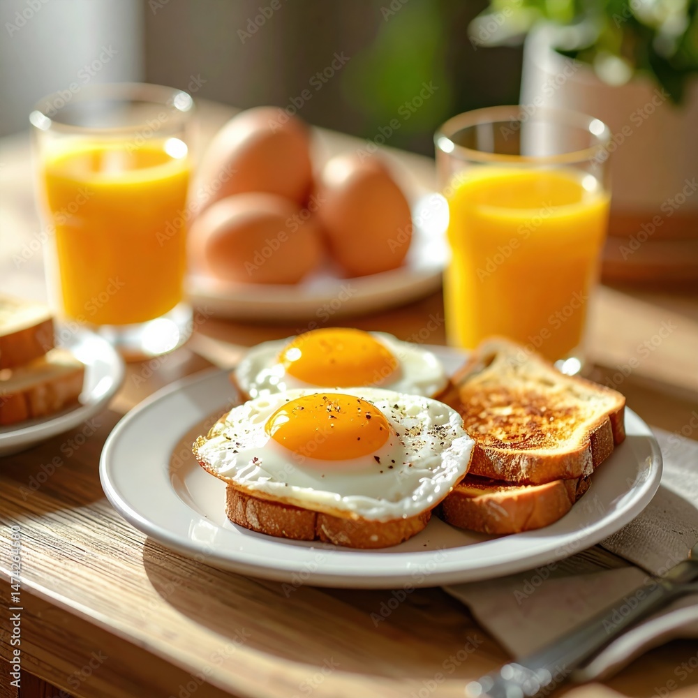 Fototapeta premium Sunny side up eggs and toast breakfast with orange juice on wooden table