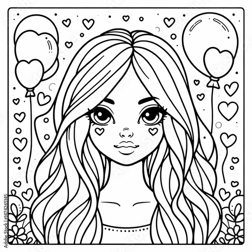 Cute Girl Coloring Page with Balloons and Hearts