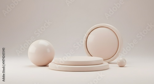 Elegant Beige Minimalist Product Display Podium with Sphere Accents 3D Render