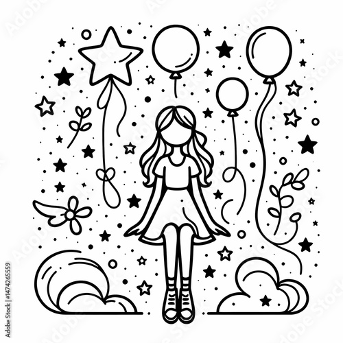 Whimsical Girl Surrounded by Balloons and Stars
