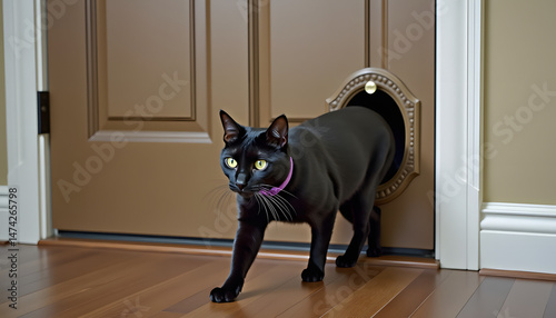 Curious black cat entering through pet door, exploring mood, indoor scene, wooden floor
 photo