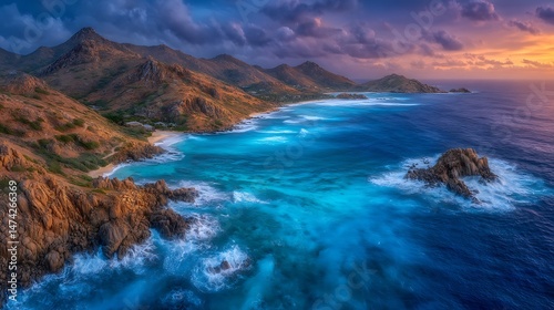 Vibrant Sunrise over Tropical Coastline.