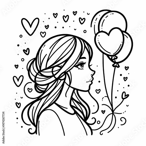 Girl with Heart Balloons in a Whimsical Doodle Style