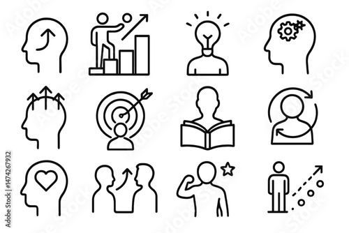 Fitness workout outline icons illustrating various exercises and equipment for a healthy lifestyle